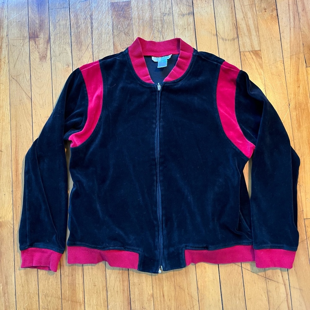 Sport Savvy vintage 90s black and red velour zip‎ up jacket Size M